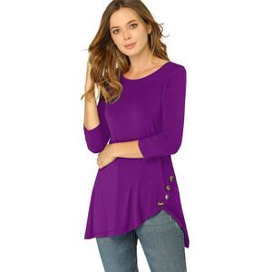 3/4 Sleeve Round Neck Button Decor Stretchy Tunic Tops Purple